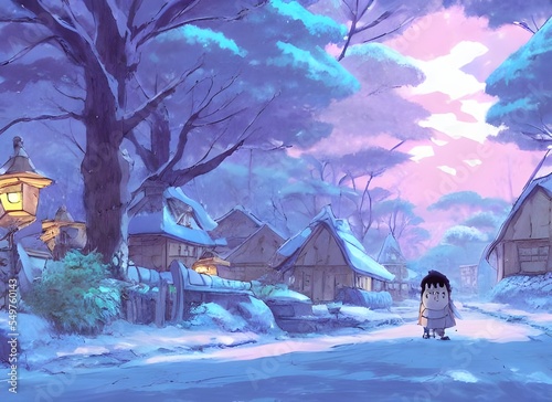 The winter village is a scene of beauty and serenity. The houses are blanketed in snow, and the trees are heavy with icicles. There's a church steeple in the distance, and smoke rising from chimneys