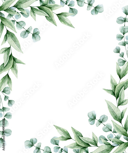 Watercolor illustration card with green eucalyptus leaves frame. Isolated on white background. Hand drawn clipart. Perfect for card, postcard, tags, invitation, printing, wrapping. © Karina Martirosova