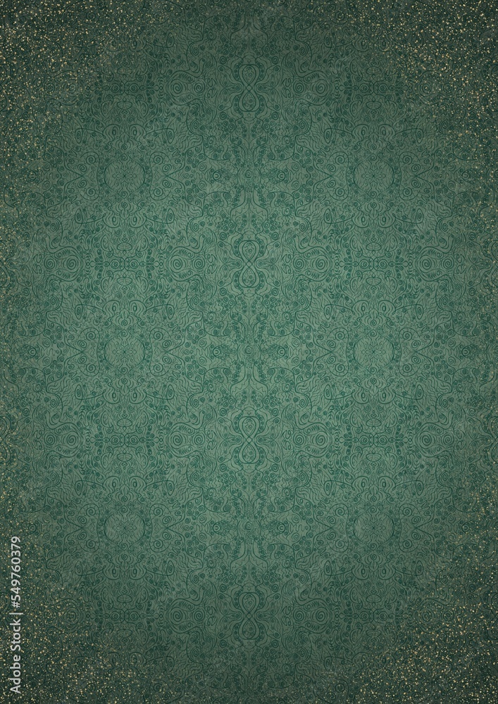 Fototapeta premium Hand-drawn unique ornament. Dark green on light cold green background, with vignette of darker background color and splatters of golden glitter. Paper texture. Digital artwork, A4. (pattern: p06e)