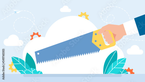 Hand saw. Saw Sawing Tree Trunk. A businessman in a business suit is holding a tool. Carpenter Sawing Wood. Wood Cut, Carpentry Work.  Flat style design. Vector cartoon Illustration