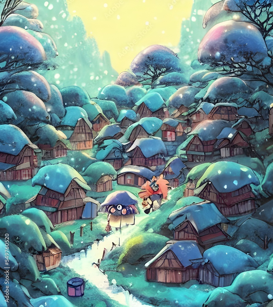Φωτογραφία The scene is a winter village, with houses made of wood and stone