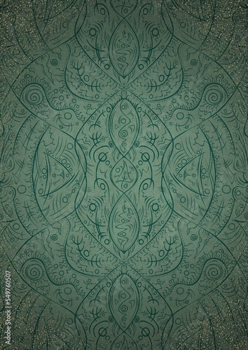 Hand-drawn unique ornament. Dark green on light cold green background, with vignette of darker background color and splatters of golden glitter. Paper texture. Digital artwork, A4. (pattern: p08-2d)