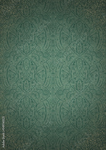Hand-drawn unique ornament. Dark green on light cold green background, with vignette of darker background color and splatters of golden glitter. Paper texture. Digital artwork, A4. (pattern: p08-2e)