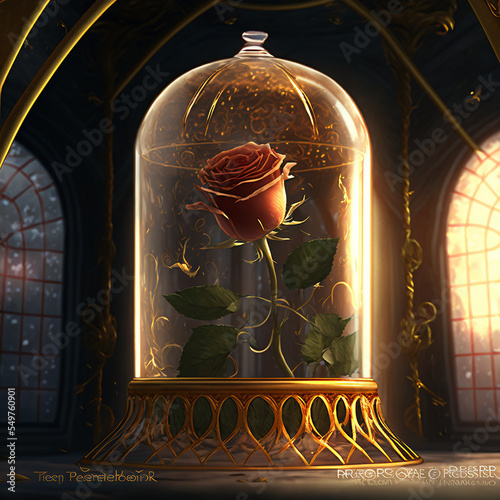 a single rose surrounded by vines in a magical gilded glass case in photo