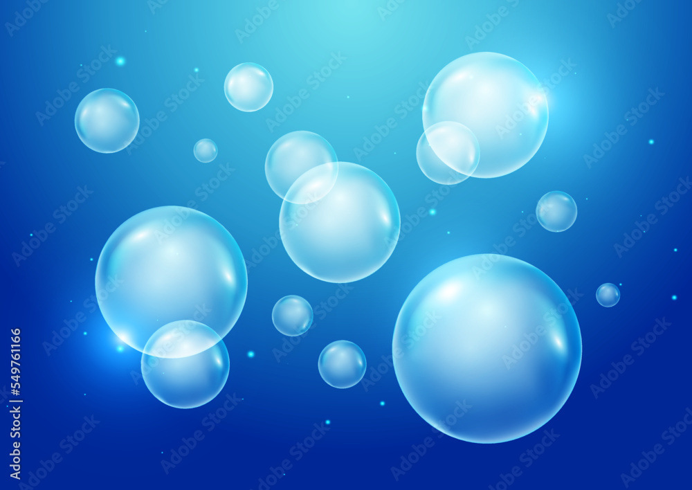 3d bubbles underwater on blue background. Soap bubbles vector illustration