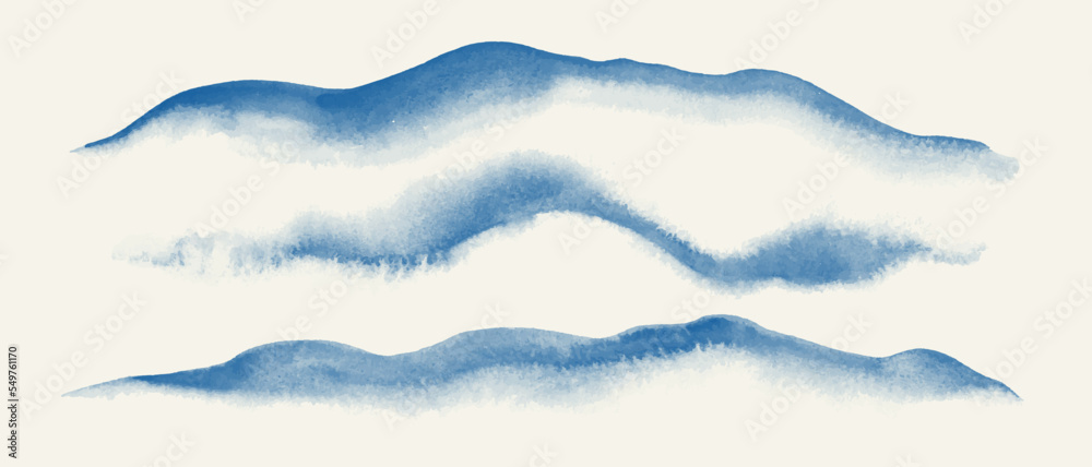 Blue watercolor abstract background, form, design element. Colorful hand painted texture, wash. Abstract clouds, sea, hills, water texture. 