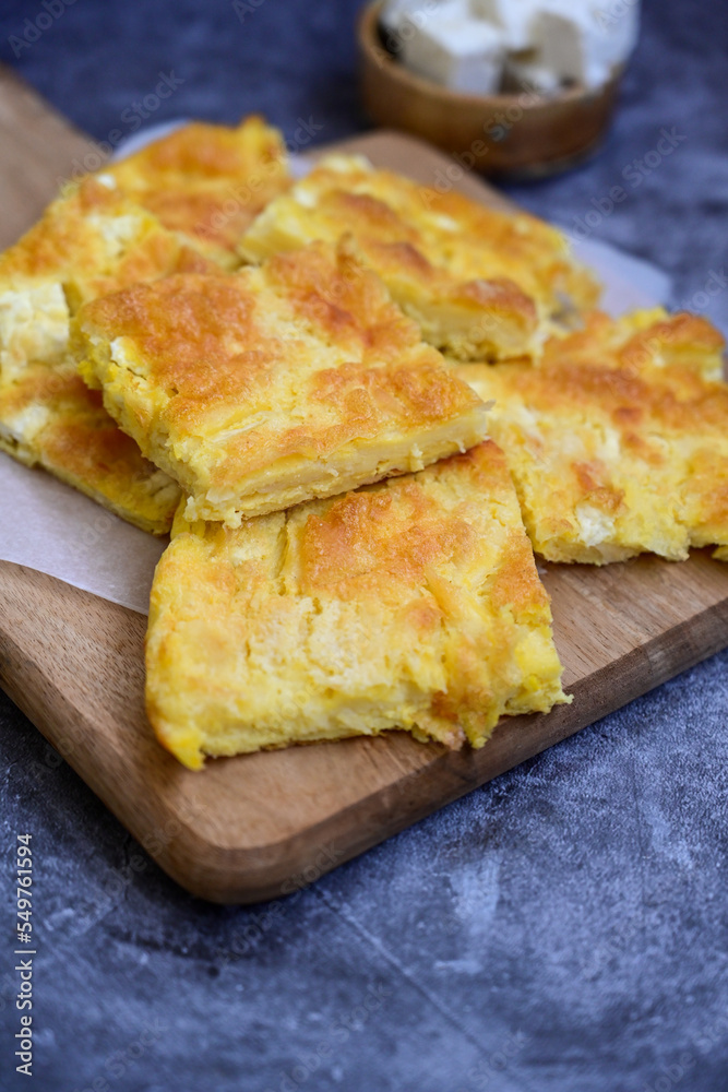 Bakery .Home made Ketogenic cheese pie with low carb phyllo pastry, feta cheese and organic eggs. Bulgarian banitsa in keto version. Gluten free diet food Bakery .Home made Ketogenic cheese pie with low carb phyllo pastry, feta cheese and organic eggs. Bulgarian banitsa in keto version. Gluten free diet food