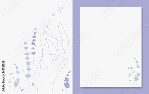 Lavender Postcard template. Purple Floral background vector illustration. Flowers template design. Botanical Flyer on purple background