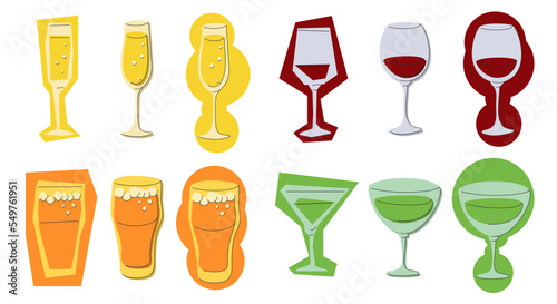 Champagne red wine beer vermouth glass on white background. Cartoon sketch graphic design. Doodle style. Colored hand drawn image. Party drink concept for restaurant, cafe, party. Freehand drawing