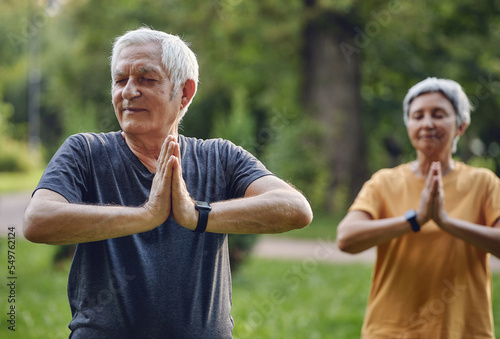 Older active couple do meditation practice outdoors