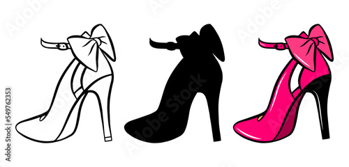 Woman shoes icon set isolated on white background. Colorful hand drawn vector fashion illustration. Beauty and glamour outline silhouette. Logo design element.