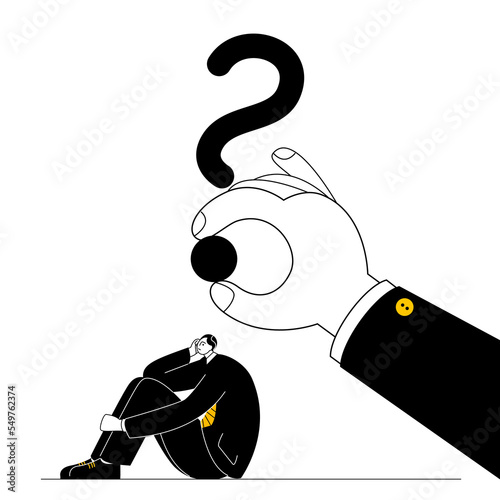 A hand holds a question mark over the head of a thoughtful man in a business suit. Vector illustration on the topic of helping to find answers to questions in business.