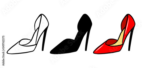 Woman shoes icon set isolated on white background. Colorful hand drawn vector fashion illustration. Beauty and glamour outline silhouette. Logo design element.