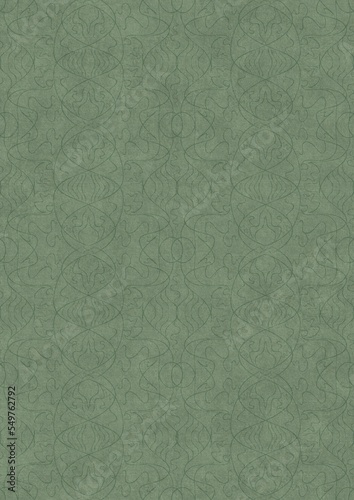 Hand-drawn unique abstract symmetrical seamless ornament. Dark semi transparent green on a light warm green background color. Paper texture. A4. (pattern: p02-1e)