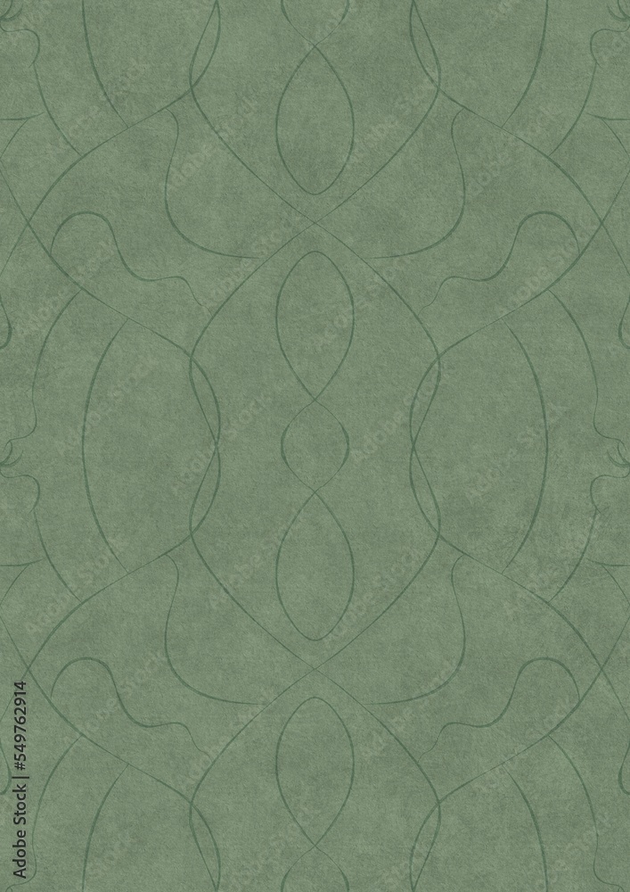 Fototapeta premium Hand-drawn unique abstract symmetrical seamless ornament. Dark semi transparent green on a light warm green background color. Paper texture. A4. (pattern: p08-1d)