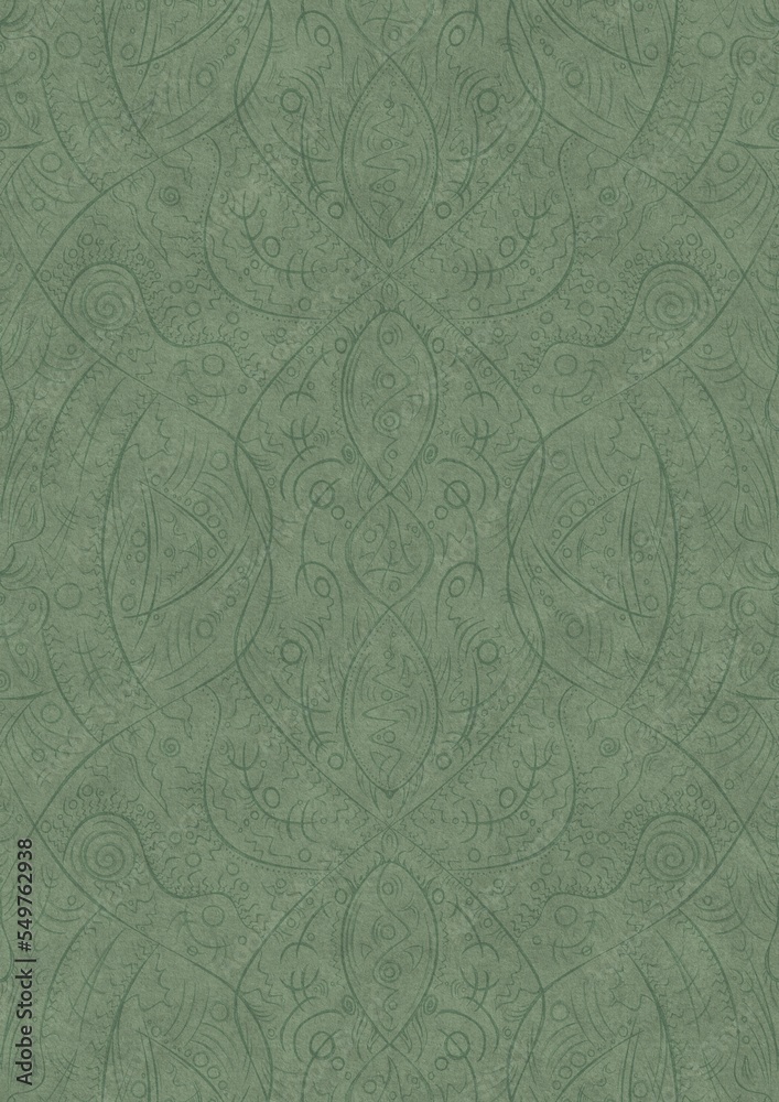 Hand-drawn unique abstract symmetrical seamless ornament. Dark semi transparent green on a light warm green background color. Paper texture. A4. (pattern: p08-2d) Hand-drawn unique abstract symmetrical seamless ornament. Dark semi transparent green on a light warm green background color. Paper texture. A4. (pattern: p08-2d)