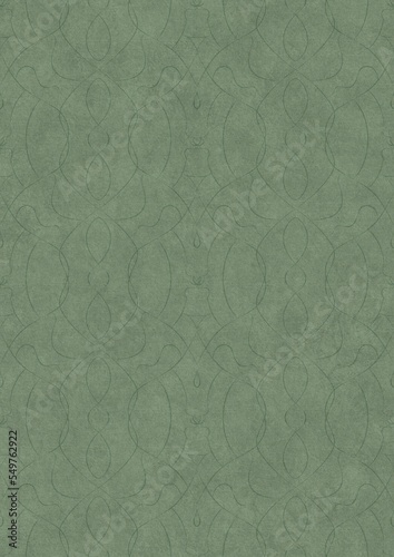 Hand-drawn unique abstract symmetrical seamless ornament. Dark semi transparent green on a light warm green background color. Paper texture. A4. (pattern: p08-1e)