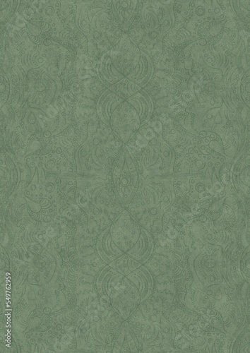 Hand-drawn unique abstract symmetrical seamless ornament. Dark semi transparent green on a light warm green background color. Paper texture. A4. (pattern: p09d)