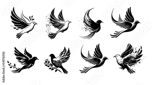 Set of vector birds, doves, icons, logo elements