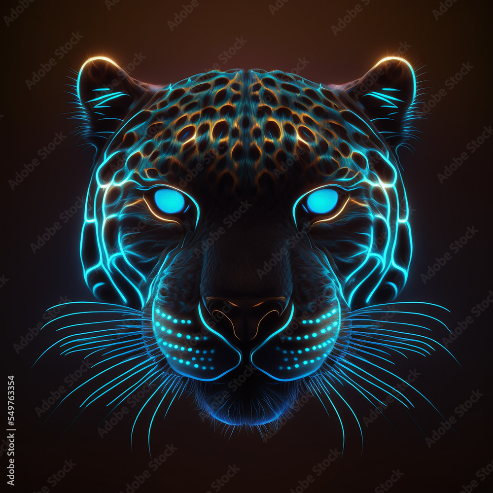 dark muscular intense jaguar with neon glowing gold eyes, body wide
