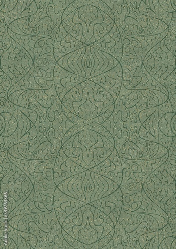 Hand-drawn unique abstract seamless ornament. Dark green on light warm green background, with splatters of golden glitter. Paper texture. Digital artwork, A4. (pattern: p02-2d)