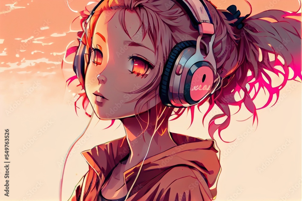 Fototapeta premium anime listen to music and vibe in city