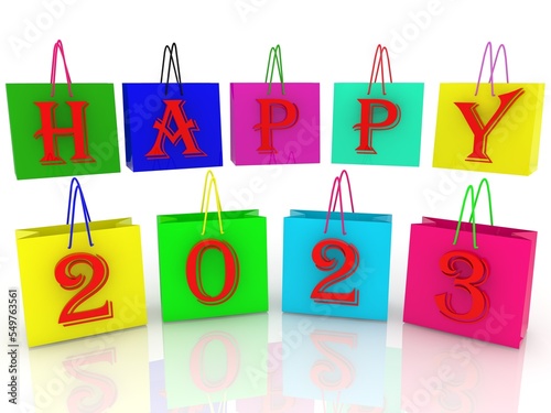HAPPY 2023 year concept on colorful shopping bags