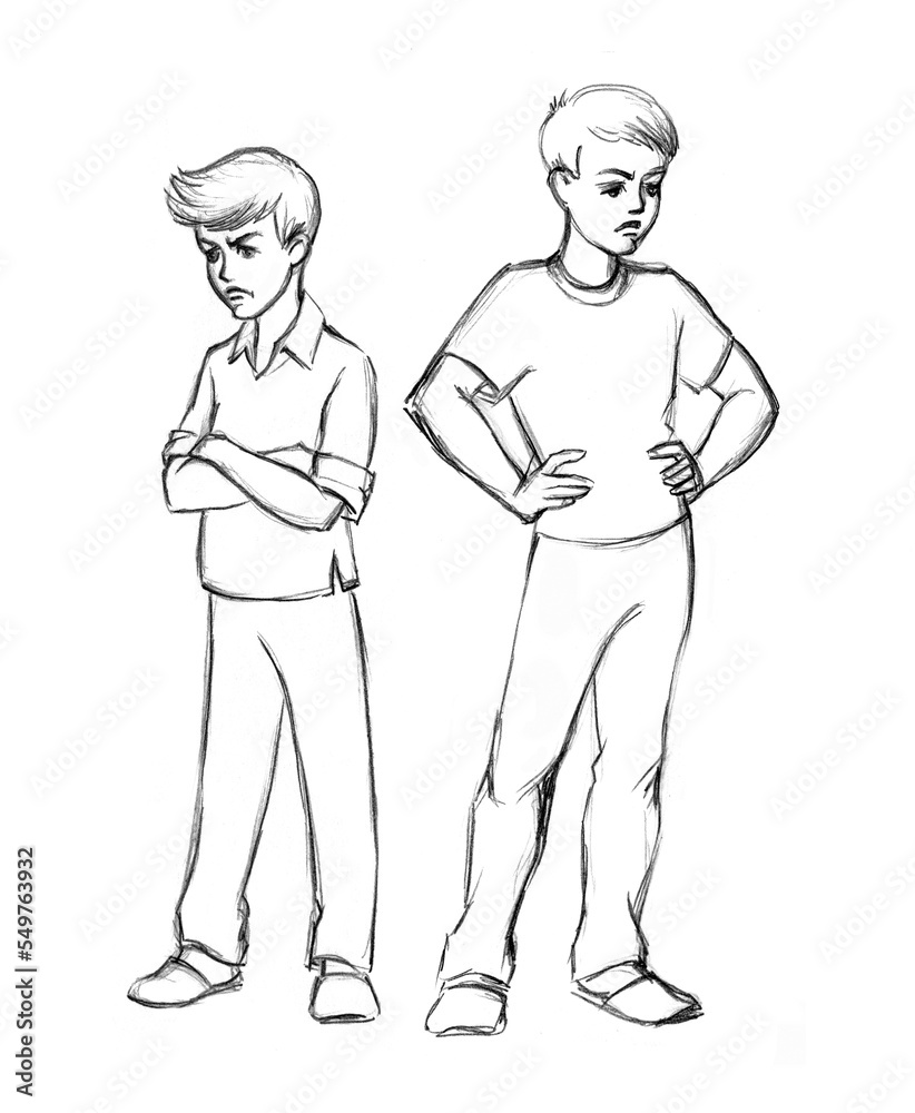 The two boys quarreled. Pencil drawing