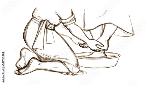 Christ washes Peter's feet. Pencil drawing