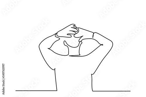 sad shocked man stressed hands behind head scared
