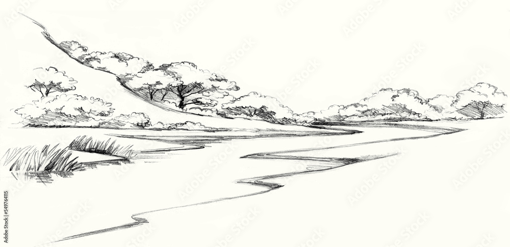 Fototapeta premium Pencil drawing. Summer river view