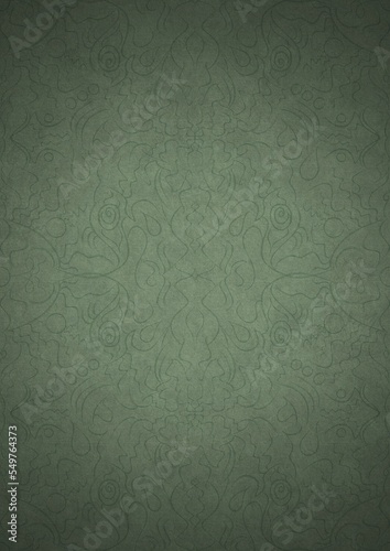 Hand-drawn unique abstract symmetrical seamless ornament. Dark semi transparent green on a light warm green with vignette of a darker background color. Paper texture. A4. (pattern: p07-1d)