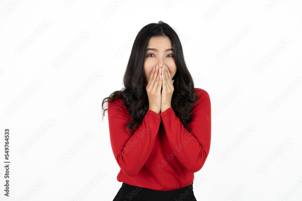 Beautiful young Asian girl thinking and looking upwards. The concept of content thinks about future isolated on white background.