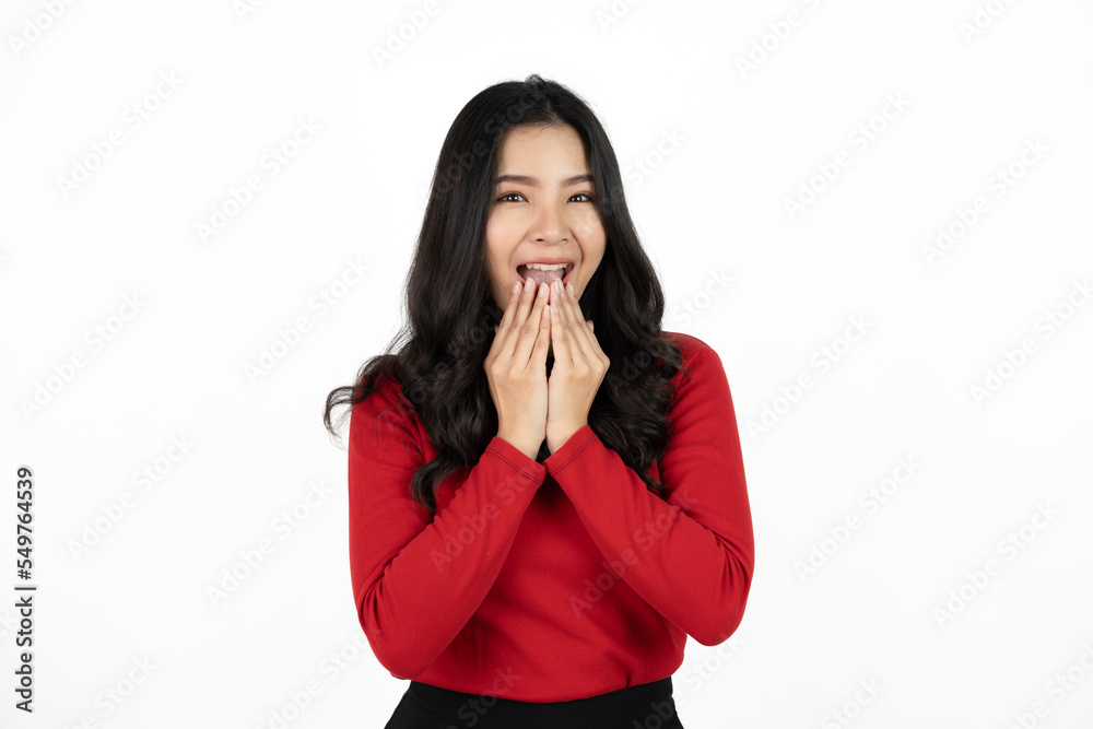 Beautiful young Asian girl thinking and looking upwards. The concept of content thinks about future isolated on white background. Beautiful young Asian girl thinking and looking upwards. The concept of content thinks about future isolated on white background.