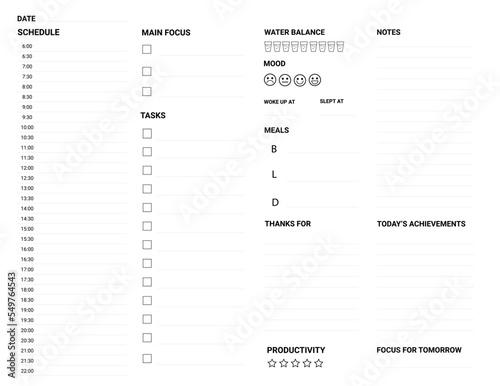 Daily planner printable template Vector. Blank white notebook page in letter format. Business organizer schedule page for a day for effective planning. Paper sheet. Vector illustration design
