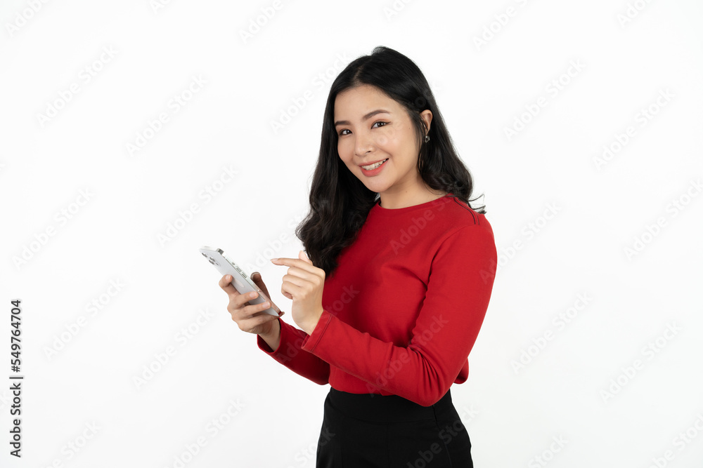 Surprise asian beautiful woman using smartphone isolated on white background. Surprise asian beautiful woman using smartphone isolated on white background.