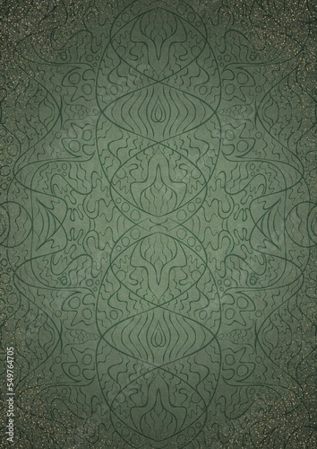 Hand-drawn unique ornament. Dark green on light warm green background, with vignette of darker background color and splatters of golden glitter. Paper texture. Digital artwork, A4. (pattern: p02-2d)