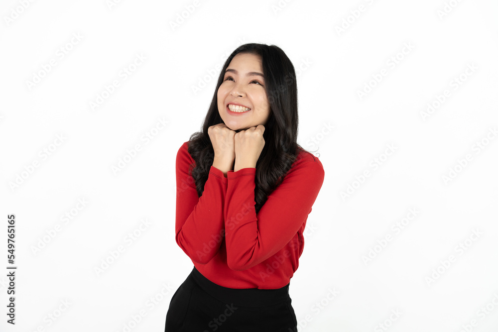 Young Asia lady feel happiness with positive expression, joyful surprise funky, dressed in casual cloth isolated on white background. Happy adorable glad woman rejoices success. Facial expression. Young Asia lady feel happiness with positive expression, joyful surprise funky, dressed in casual cloth isolated on white background. Happy adorable glad woman rejoices success. Facial expression.