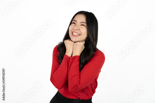 Young Asia lady feel happiness with positive expression, joyful surprise funky, dressed in casual cloth isolated on white background. Happy adorable glad woman rejoices success. Facial expression.