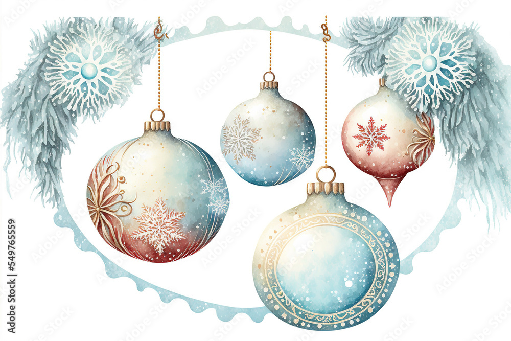 Watercolor Christmas and New year banner with baubles and snowflakes, hand-painted, background, place for text, copy space. Illustration for greeting cards and invitations isolated on white background