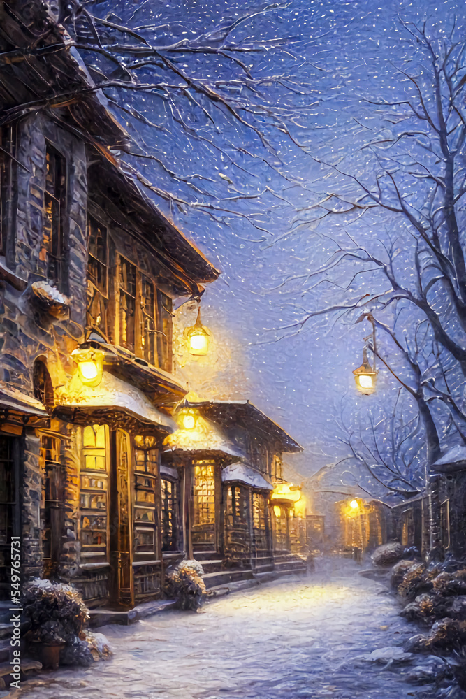 Evening street in winter, light in the windows of houses.
