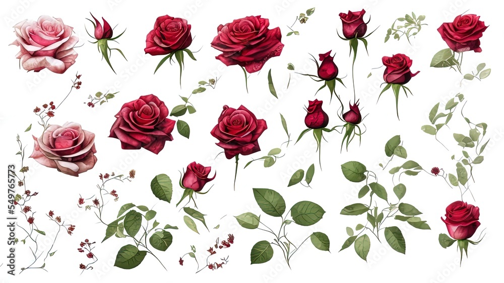 Floral elements. Flower red, burgundy, navy blue rose, green leaves. Botanic illustration isolated on white background.	