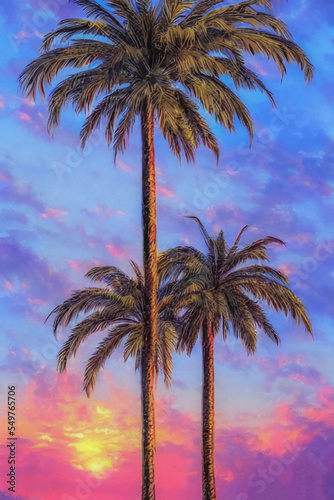 Palm trees by the ocean, neon sunset.