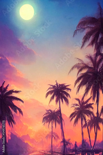 Palm trees by the ocean, neon sunset.