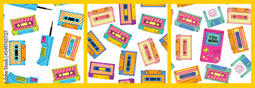 Retro game devices seamless pattern. 90s cartoon doodle style vintage video gadgets, audio cassette endless background illustrator