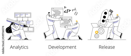 The team of characters develops a scheme of interaction, programs and launches a mobile application. The concept of vector illustration on the topic of team development of mobile applications.