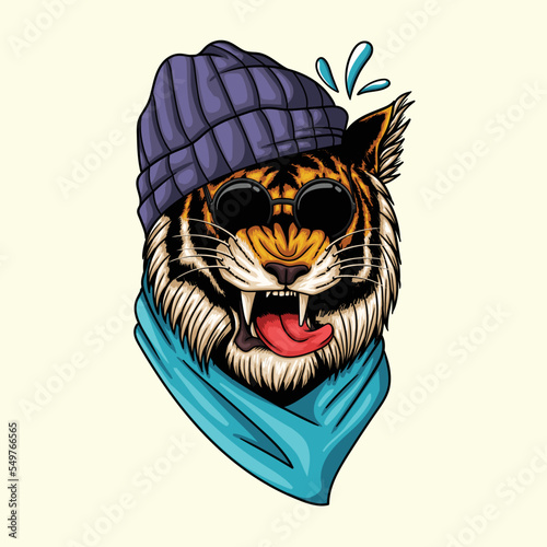 Tiger head wearing beanie and bandana vector illustration 