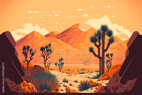 Desert Arizona landscape  dry cactus valley with intense orange dusty heat haze and clouds  sandstone cliffs and distant mountains and rock formations - Generative Ai