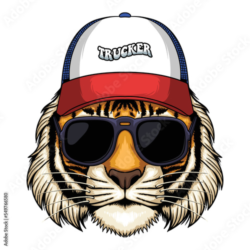 Tiger head wearing trucker hat cap vector illustration