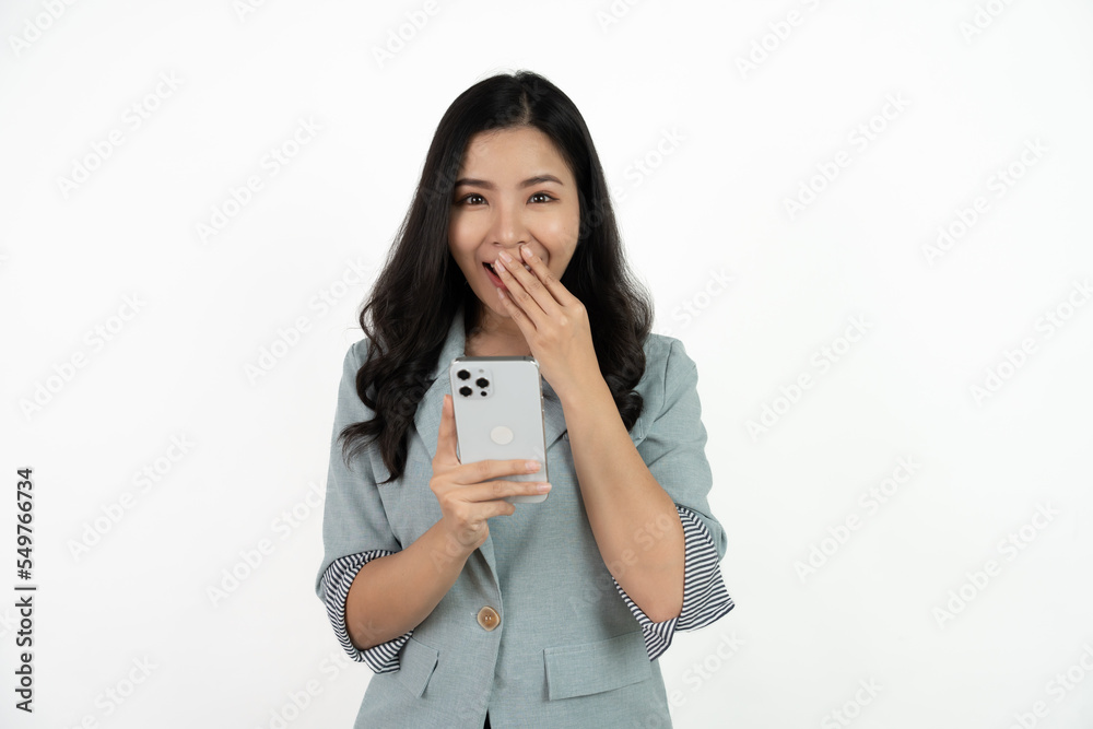 Surprise asian beautiful woman using smartphone isolated on white background. Surprise asian beautiful woman using smartphone isolated on white background.